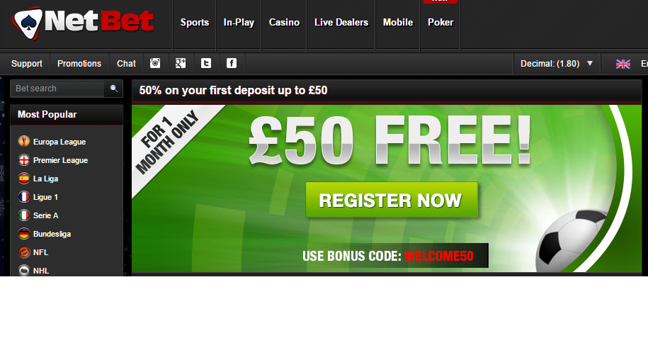 Sports betting: free £50 bonus on NetBet